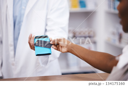 Pharmacy, credit card and payment with hands of people for retail, shopping and fintech banking service. Digital money, cashless and technology with machine and customer for electronic transaction 134175160