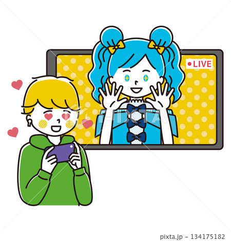 ライブ配信をする女性アイドルを推す男性のイラスト ガチ恋 ライブ配信をする女性アイドルを推す男性のイラスト ガチ恋 134175182
