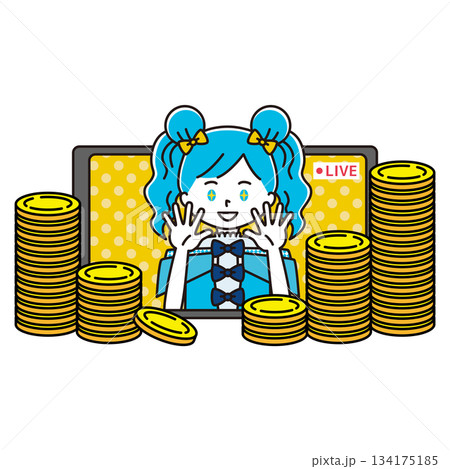 ライブ配信をする女性アイドルと山積みのコインのイラスト ライブ配信をする女性アイドルと山積みのコインのイラスト 134175185