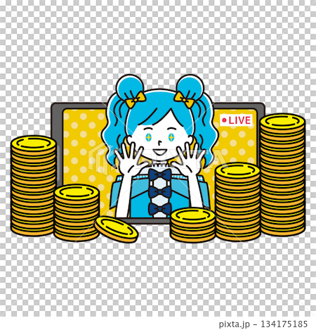 ライブ配信をする女性アイドルと山積みのコインのイラスト ライブ配信をする女性アイドルと山積みのコインのイラスト 134175185