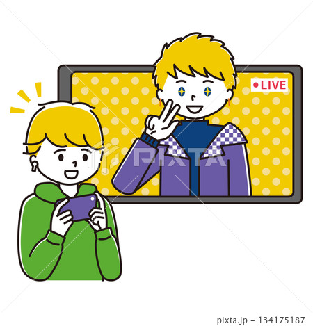 ライブ配信をする男性アイドルを推す男性のイラスト 134175187