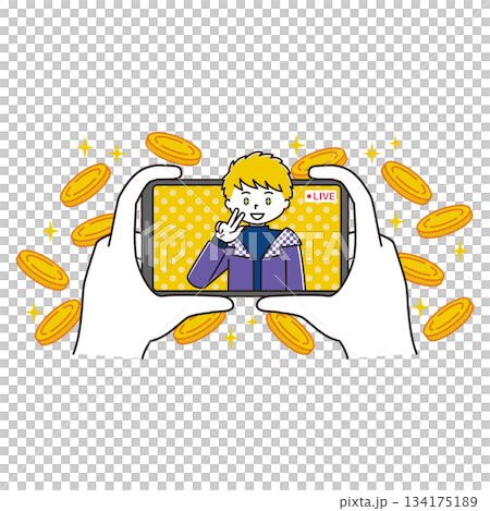 Illustration of a male idol live streaming and flying coins Illustration of a male idol live streaming and flying coins 134175189