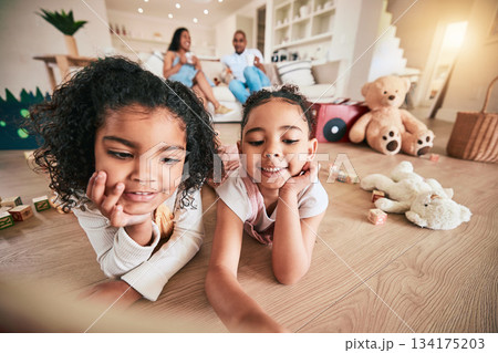 Kids, sister and best friends on the living room floor together in their home for bonding while having fun. Children, family and smile with happy girls in their house for growth or development Kids, sister and best friends on the living room floor together in their home for bonding while having fun. Children, family and smile with happy girls in their house for growth or development 134175203