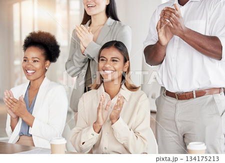 Business people, startup office and applause to celebrate, award and winning with diversity in team. Businessman, women and teamwork with success, event and crowd with pride, smile and achievement 134175213
