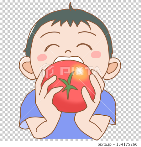 A boy biting into a large tomato 134175260