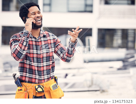 Phone call, contractor and laughing man talking, networking or speaking about funny conversation joke. Comedy chat, rooftop handyman or African maintenance person consulting with inspection contact 134175323