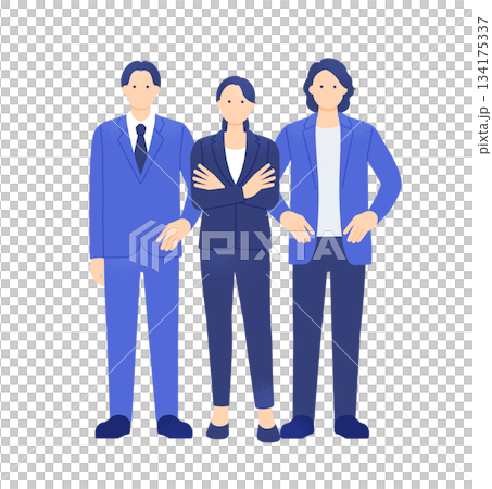 Full-body illustration of a female leader and a male business person with their arms crossed in the center. 134175337