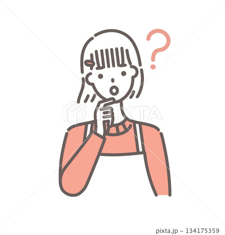 なぜ?なに?と疑問を浮かべる女性のイラスト・シンプルな線画 なぜ?なに?と疑問を浮かべる女性のイラスト・シンプルな線画 134175359
