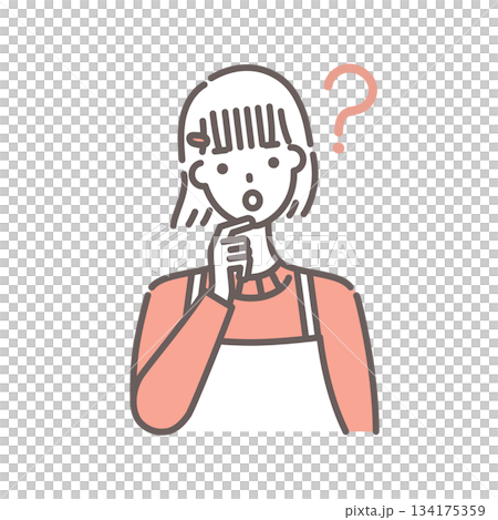 なぜ?なに?と疑問を浮かべる女性のイラスト・シンプルな線画 なぜ?なに?と疑問を浮かべる女性のイラスト・シンプルな線画 134175359