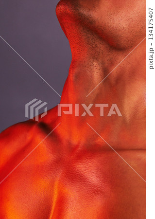 Beauty, skincare and neck of man in studio for cosmetics, self care and grooming on purple background. Creative aesthetic, glow and closeup of male model for healthy skin, wellness and sensual pose 134175407
