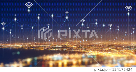 Cityscape, skyline and overlay for network, connection or iot infrastructure development for transformation. Metro, cbd and night sky of 3d holographic smart city, digital connectivity and buildings Cityscape, skyline and overlay for network, connection or iot infrastructure development for transformation. Metro, cbd and night sky of 3d holographic smart city, digital connectivity and buildings 134175424