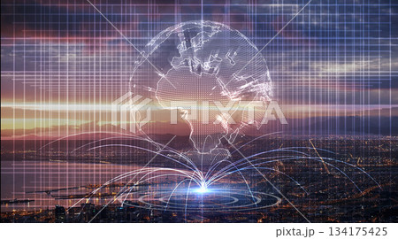 Earth hologram, night and connectivity with skyscraper, city network or iot infrastructure development in Cape Town. Metro, cbd and skyline with 3d holographic globe for big data, metaverse or tech 134175425