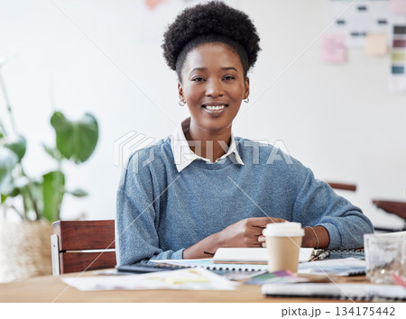 Business, woman and portrait of a copywriting employee with happiness and smile. Document, African and black female person and young happy face of a creative writer worker ready for office working Business, woman and portrait of a copywriting employee with happiness and smile. Document, African and black female person and young happy face of a creative writer worker ready for office working 134175442