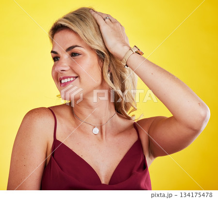 Fashion, studio face and happy woman with elegant style, fashionable clothes and satisfaction for designer brand apparel. Wellness beauty, happiness and female model isolated on yellow background 134175478