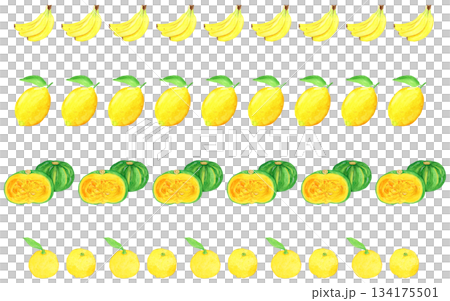Hand-painted watercolor yellow fruit and vegetable decorative line set (banana, lemon, pumpkin, yuzu) 134175501
