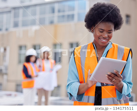 Solar panels, engineering and rooftop with woman and tablet for planning, renewable energy and leadership. Sustainability, technology or photovoltaic maintenance with African engineer for inspection 134175511
