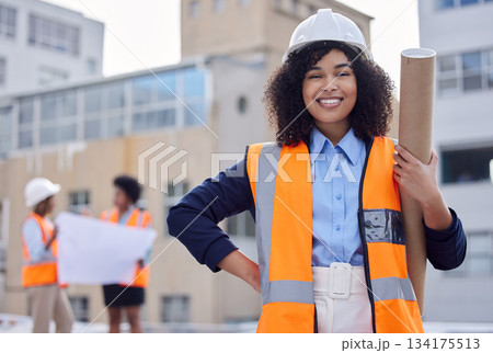 Construction worker, woman with blueprint and floor plan, engineering and architect at work site. Project management, portrait and happy female contractor, building industry and labor outdoor 134175513