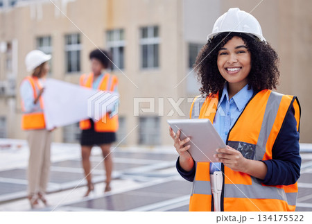 Solar panels, engineering and portrait of woman and tablet for planning, renewable energy and leadership. Sustainability, technology and photovoltaic maintenance with female engineer for inspection 134175522