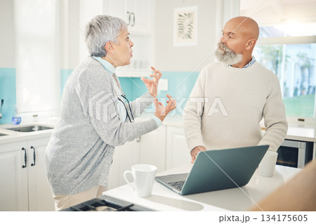 Angry, argument and a couple in a fight about an email, computer glitch or financial stress. Anger, talking and a senior man and woman speaking about a retirement problem or conflict online on a pc Angry, argument and a couple in a fight about an email, computer glitch or financial stress. Anger, talking and a senior man and woman speaking about a retirement problem or conflict online on a pc 134175605