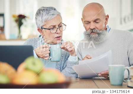 Laptop, senior couple and finance documents in home for budget, savings or taxes in house. Computer, retirement and man and woman with paperwork for financial planning, insurance or bills with coffee Laptop, senior couple and finance documents in home for budget, savings or taxes in house. Computer, retirement and man and woman with paperwork for financial planning, insurance or bills with coffee 134175614