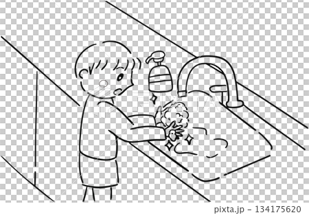 帰宅後に手洗いする男の子／モノクロ 134175620