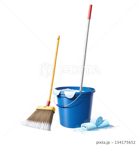 清掃道具　青いバケツとホウキ 134175652