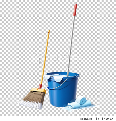 清掃道具　青いバケツとホウキ 134175652