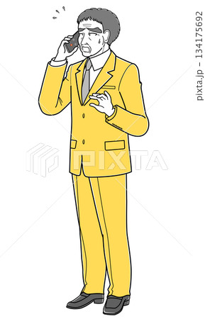 困った表情で電話しているスーツの中年男性（シンプル） 134175692