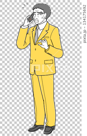 困った表情で電話しているスーツの中年男性（シンプル） 134175692