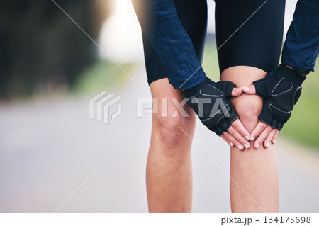 Hands, knee pain and sports injury with woman in nature for running, training and workout. Emergency, accident and joint inflammation with female runner in outdoors for muscle, mockup and bruise 134175698