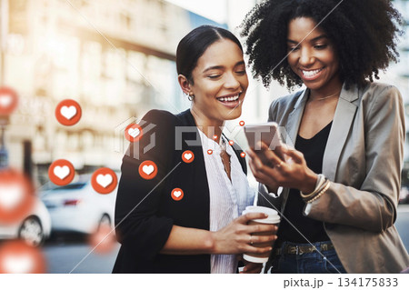 City, social media icon or women with phone for communication, online content or gossip news. Black woman, friends or happy people on mobile app or digital network with memes, like or heart emoji 134175833