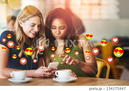 Cafe, social media icon or friends with phone for communication, text post or online dating chat. Coffee, girls or happy women on mobile app website or digital network with smile, like or heart emoji 134175847