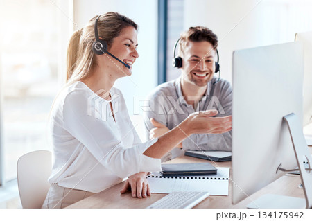 Computer, collaboration and call center with a team consulting while working in customer service for support. Teamwork, crm or contact us with man and woman consultant employees at work in an office Computer, collaboration and call center with a team consulting while working in customer service for support. Teamwork, crm or contact us with man and woman consultant employees at work in an office 134175942