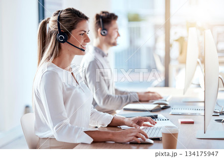 Call center, computer and business with woman in office for customer service, technical support and advice. Technology, contact us and communication with employee operator in help desk agency Call center, computer and business with woman in office for customer service, technical support and advice. Technology, contact us and communication with employee operator in help desk agency 134175947