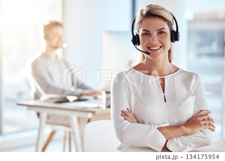 Portrait, customer support and smile with a woman consultant working in her office for after sales service. Call center, contact us and crm with a young female employee consulting using a headset Portrait, customer support and smile with a woman consultant working in her office for after sales service. Call center, contact us and crm with a young female employee consulting using a headset 134175954