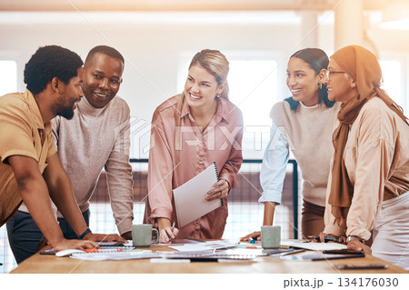 Planning, meeting and happy business people teamwork, collaboration and brainstorming documents for startup. Workflow, portfolio or paperwork of diversity employees, women and men with group ideas Planning, meeting and happy business people teamwork, collaboration and brainstorming documents for startup. Workflow, portfolio or paperwork of diversity employees, women and men with group ideas 134176030