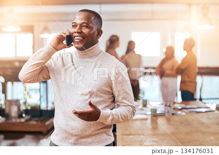 Business, happy black man and phone call on smartphone in busy office for communication, networking and contact. Male manager talking on cellphone for conversation, mobile consulting and discussion Business, happy black man and phone call on smartphone in busy office for communication, networking and contact. Male manager talking on cellphone for conversation, mobile consulting and discussion 134176031