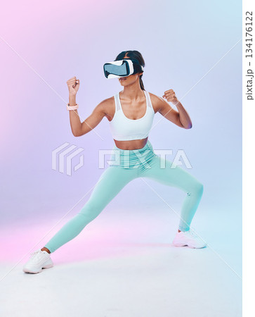 Fitness, VR glasses and woman isolated on gradient background for metaverse fight, gaming and sports training. Virtual reality, online vision and action 3d boxer or person body, workout competition Fitness, VR glasses and woman isolated on gradient background for metaverse fight, gaming and sports training. Virtual reality, online vision and action 3d boxer or person body, workout competition 134176122