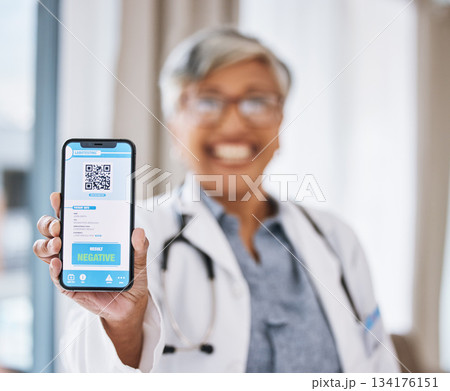 Phone, screen and woman doctor with QR code, test results and drugs, virus or medical mobile app for health services. Website ux, online info and negative feedback with happy healthcare professional 134176151