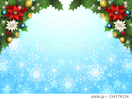 クリスマス背景、雪の結晶と星、水色、キラキラ、かわいい、イラスト、横 134176154