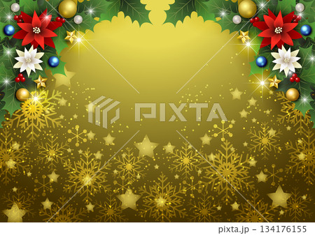 クリスマス背景、雪の結晶と星、金色、キラキラ、かわいい、イラスト、横 クリスマス背景、雪の結晶と星、金色、キラキラ、かわいい、イラスト、横 134176155