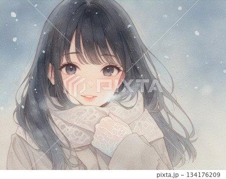 水彩で描いた女の子と冬の日のイラスト18 134176209