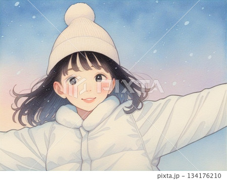 水彩で描いた女の子と冬の日のイラスト17 134176210
