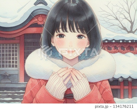 水彩で描いた女の子と冬の日のイラスト16 134176211