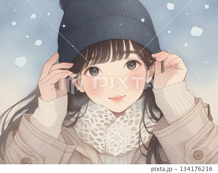 水彩で描いた女の子と冬の日のイラスト11 134176216