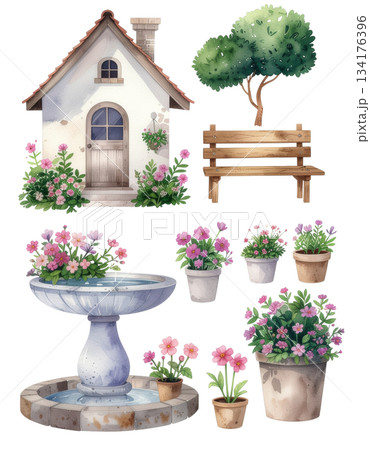 庭のパーツセットの水彩イラスト/チラシやポスター用素材 庭のパーツセットの水彩イラスト/チラシやポスター用素材 134176396