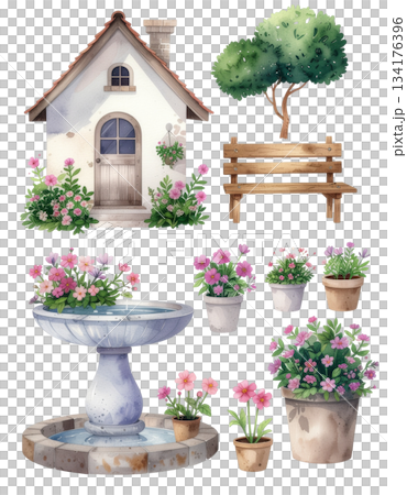 Watercolor illustration of a garden parts set / material for flyers and posters Watercolor illustration of a garden parts set / material for flyers and posters 134176396