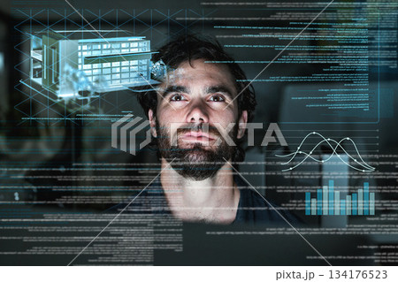 Architecture, hologram and business man with data analytics, focus and overlay for digital solution at night. Engineering, coding software and holographic screen of person in cyber security research 134176523