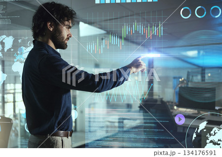 Touchscreen hologram, business man and data analytics for statistics, graphs and charts review on digital technology at night. Person or user press on holographic database with global information Touchscreen hologram, business man and data analytics for statistics, graphs and charts review on digital technology at night. Person or user press on holographic database with global information 134176591