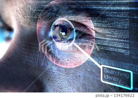 Identity, holographic or man with eye scan in digital cybersecurity technology for Information database. Biometric laser, ai innovation or zoom of searching word in recognition or verification sensor Identity, holographic or man with eye scan in digital cybersecurity technology for Information database. Biometric laser, ai innovation or zoom of searching word in recognition or verification sensor 134176622